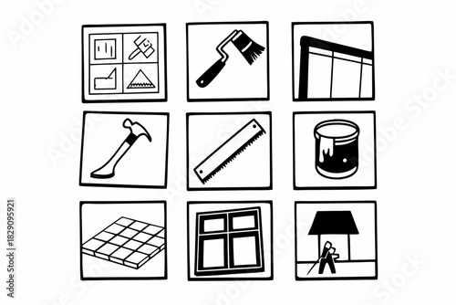 A Set of Black and White Home Remodeling Icons