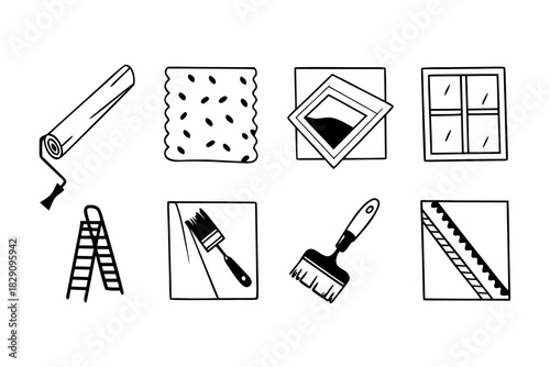 A set of black and white wallpapering and home repair icons