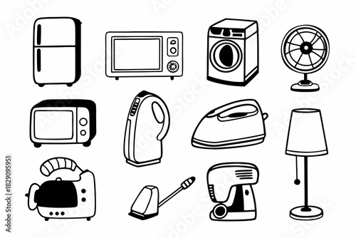 A Set of Home Appliance Icons in a Black and White Doodle Style