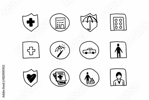 A set of hand drawn icons for health insurance plans
