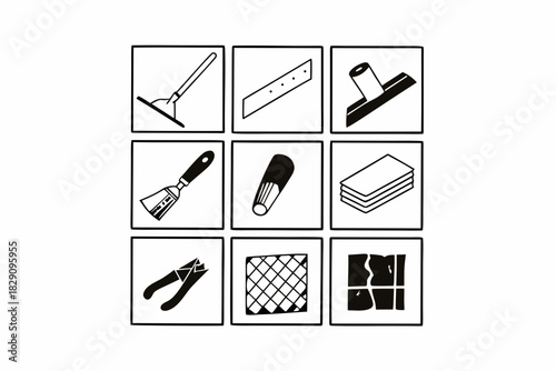 A set of black line art icons for home tiling tools