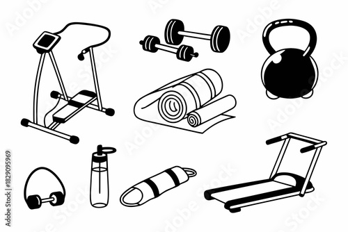 A set of home gym equipment line art icons