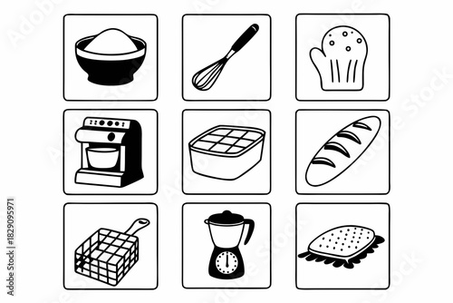 A Set of Nine Black and White Home Baking Icons