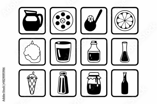 A Set of Twelve Black and White Kombucha Brewing Icons