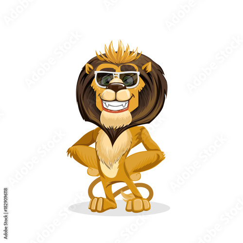 Cartoon lion wearing sunglasses, smiling confidently, with hands on hips, standing upright.