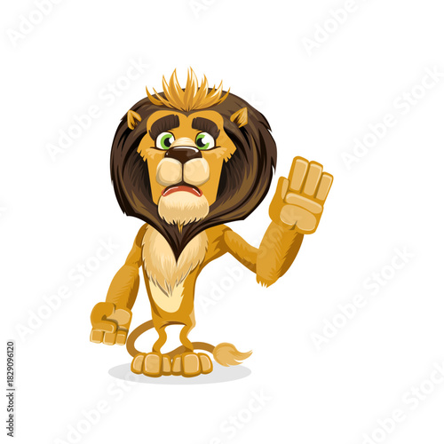 Cartoon lion with a worried expression and raised hand on a white background.