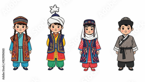 Cute Cartoon Children in Traditional Central Asian Ethnic Clothing Set