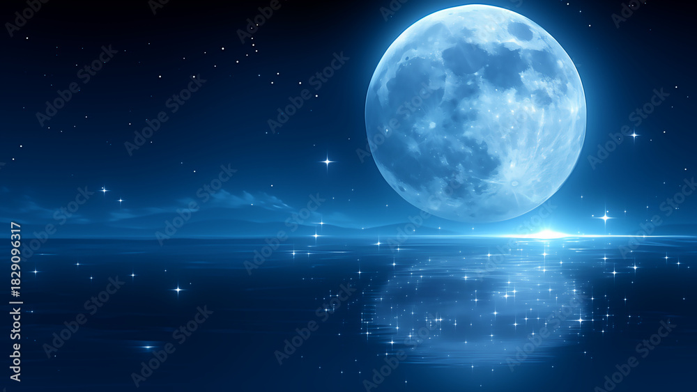 Obraz premium 湖面に反射する月と星空の風景