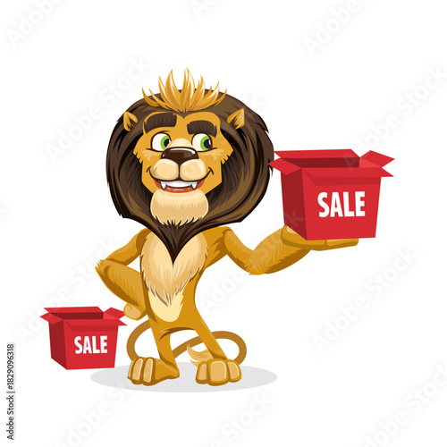 A cartoon lion holding a red box with the word SALE, promoting a sale event.