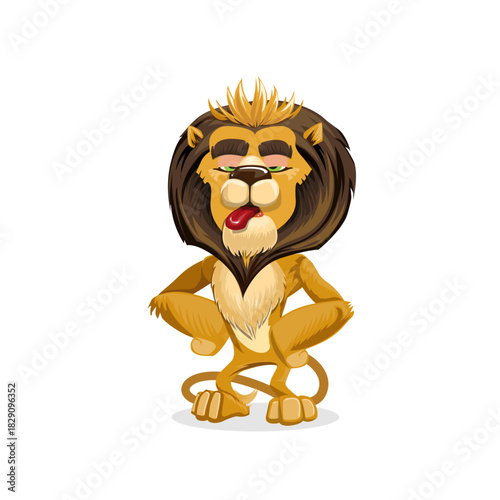 Cartoon lion with tongue sticking out and hands on hips.