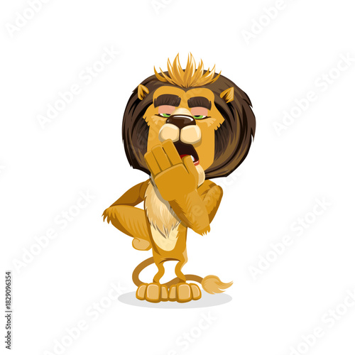 A sleepy cartoon lion with a crown-like mane yawning, looking tired and ready for a nap on a white background.