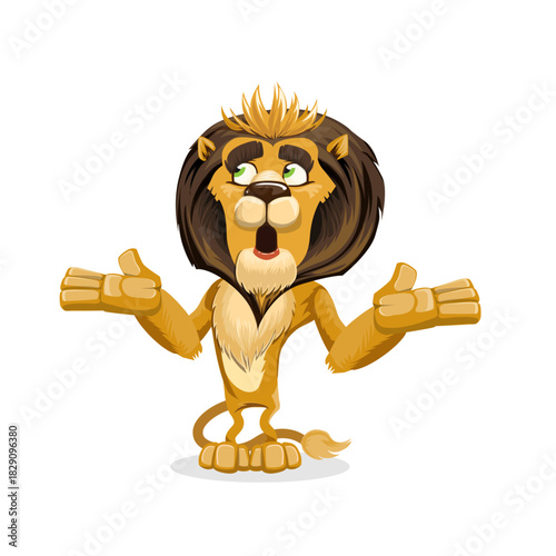 A funny cartoon lion character with a big mane shrugging his shoulders with a surprised and confused expression on his face.