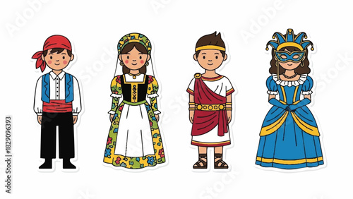 Diverse Children in Traditional and Themed Costumes Vector Illustration