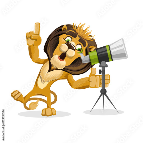 Cartoon lion character looking through a telescope with a surprised expression and giving a thumbs-up.