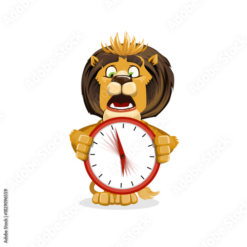 Cartoon lion holding a clock with a worried expression, emphasizing urgency and time pressure.