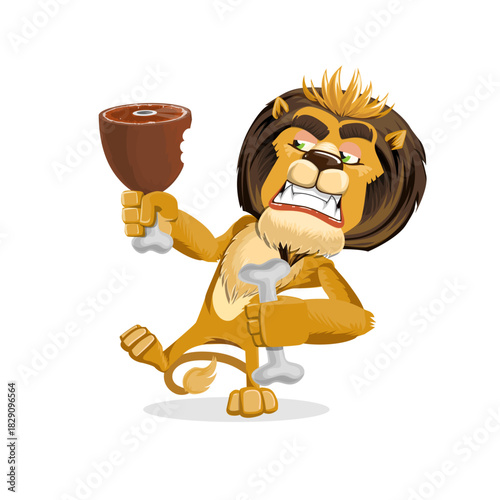 Cartoon lion character holding a large piece of meat and a bone, looking fierce and satisfied after a meal.