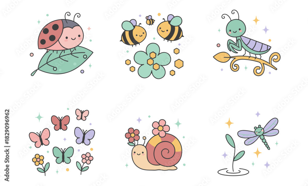 Fototapeta premium Cheerful Christmas kawaii vector sticker set of six festive icons with gingerbread house, bonbons, sleigh, binoculars, crescent moon, and dachshund