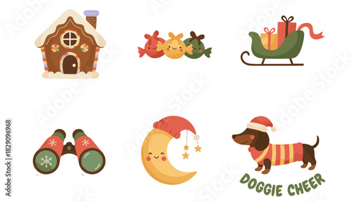 Cheerful Christmas vector and PNG sticker set of six isolated icons with gingerbread house, bonbons, sleigh, binoculars, crescent moon, and dachshund in festive kawaii cartoon style