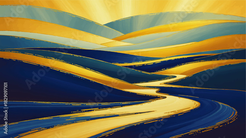 Abstract golden river flowing through blue hills at sunrise, vibrant yellow landscape painting background for modern design