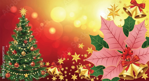 Festive Christmas tree with ornaments and decorations for holiday season.