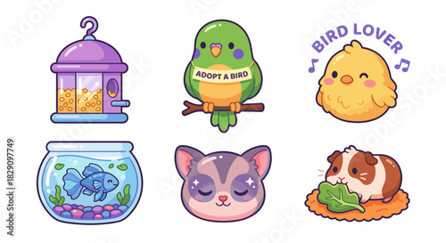 Cute Pet Sticker Pack – Flat Pastel Vector of Bird Feeder, Green Parakeet, Yellow Chick, Betta Fish Aquarium, Sugar Glider, and Guinea Pig in Rounded Children’s Cartoon Style on White Background