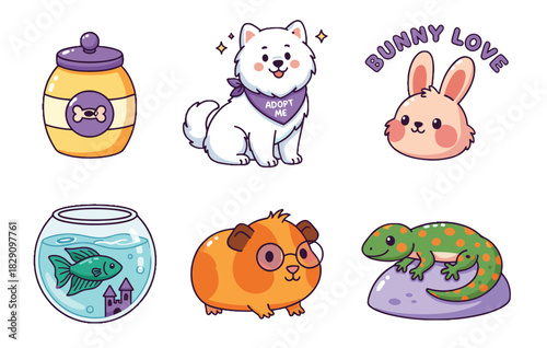 Cute pet vector and PNG sticker set of six isolated icons with treat jar, dog, rabbit, fish bowl, guinea pig, and gecko in playful pastel cartoon style