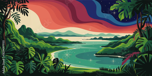 Tropical fantasy bay at sunset with lush jungle mountains, glowing turquoise lagoon and starry colorful sky illustration landscape