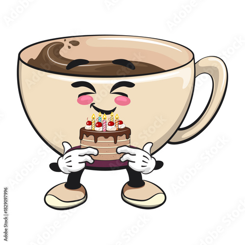 cute coffee cup mascot bring a birthday cake, cartoon coffee mug vector illustration, work of hand drawn