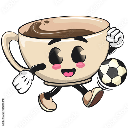 cute coffee cup mascot playing football or soccer, cartoon coffee mug vector illustration, work of hand drawn