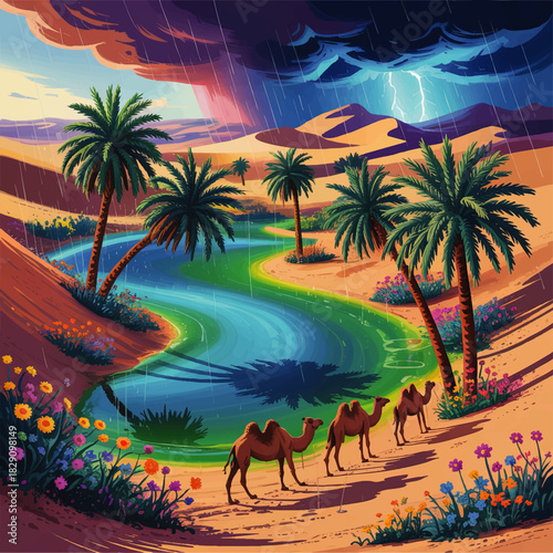 Vibrant desert oasis with camels in rainstorm, palm trees, lightning and colorful flowers, fantasy landscape illustration