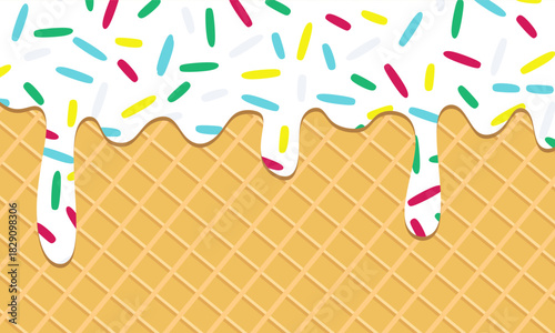 Vanilla ice cream with colorful sprinkles dripping on a wafer background. Realistic drip ice cream melted drops with sprinkles on waffle cone background. Perfect for template banner, poster, and label