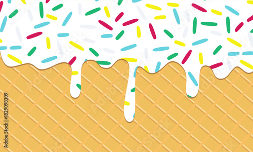 Vanilla ice cream with colorful sprinkles dripping on a wafer background. Melting ice cream with colorful candy sprinkles on waffle. Perfect for flyers, banners, greeting cards, social media wallpaper
