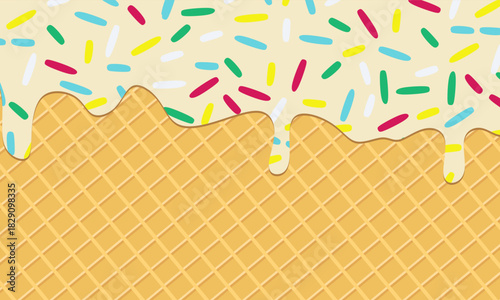 Vanilla ice cream with colorful sprinkles dripping on a wafer background. Realistic drip ice cream melted drops with sprinkles on waffle cone background. Perfect for template banner, poster, and label