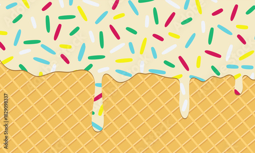 Vanilla ice cream with colorful sprinkles dripping on a wafer background. Melting ice cream with colorful candy sprinkles on waffle. Perfect for flyers, banners, greeting cards, social media wallpaper