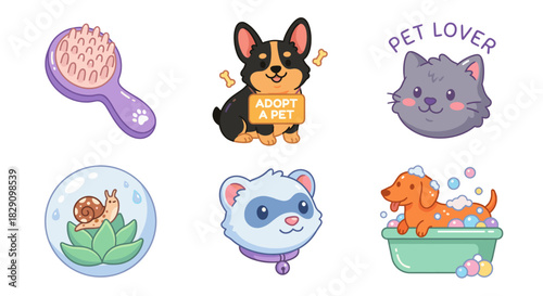 Lucky charm vector and PNG sticker set of six isolated icons with spell scroll, koi coin, ladybug brooch, henna palm, sleeping fox, and bead sun amulet in playful cartoon style