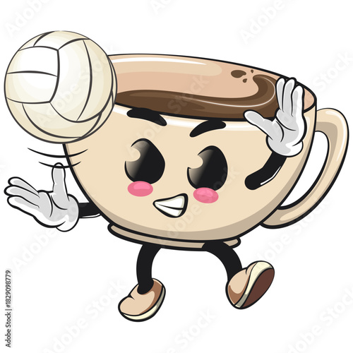 cute coffee cup mascot serve volleyball, cartoon coffee mug vector illustration, work of hand drawn