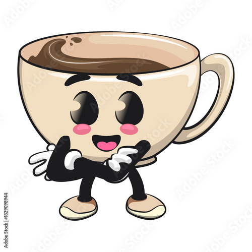cute coffee cup mascotr folding his arms calmly, cartoon coffee mug vector illustration, work of hand drawn