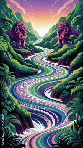 Majestic purple lions guarding vibrant rainbow river in lush fantasy jungle valley at sunrise, surreal psychedelic landscape illustration