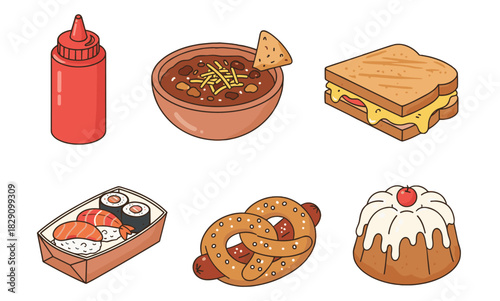 fast food stickers, cute vector icons, pastel doodles, ketchup bottle illustration, chili bowl cartoon art, grilled cheese doodle, sushi trio vector, pretzel dog doodle, bundt cake doodle, playful doo