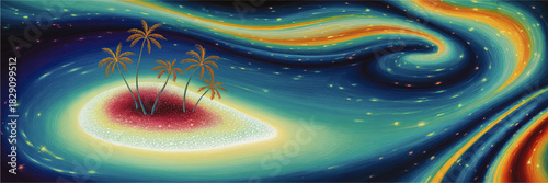 Surreal tropical island with palm trees in vibrant cosmic ocean, colorful abstract night sky, fantasy space landscape illustration