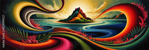 Vibrant abstract tropical island landscape with colorful ocean waves, sunrise sky, coral reef and lush foliage illustration