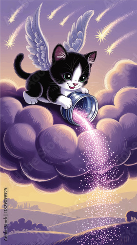 Cute winged kitten angel on purple cloud pouring sparkling stardust over dreamy sunset landscape, fantasy children illustration