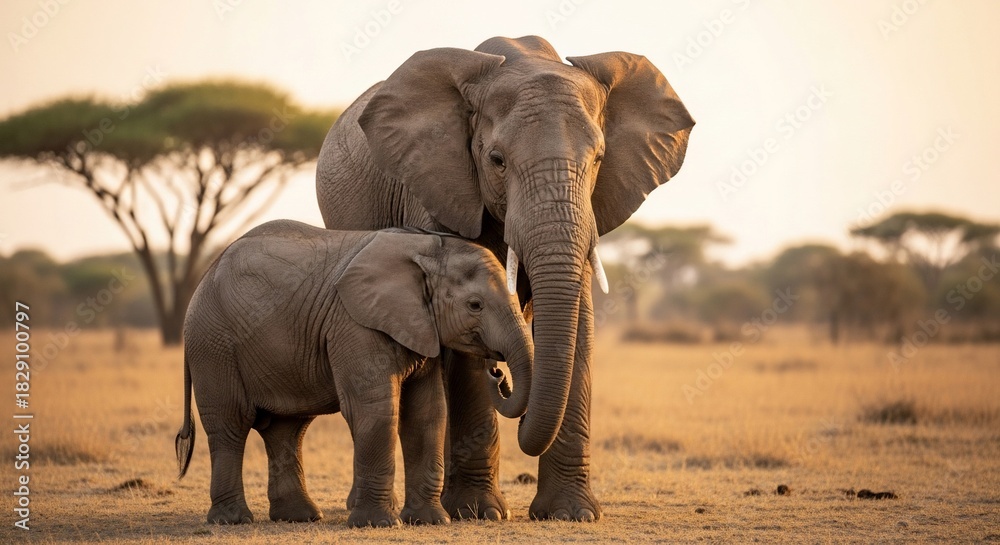 Obraz premium African elephants - A mother and calf bonding in the savanna.