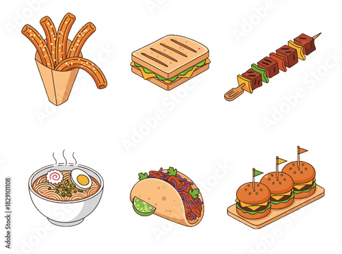 Six cute fast-food sticker icons PNG isolated churros in paper cone, grilled panini, skewered kebab, ramen bowl, chicken taco, trio of mini sliders on tray.