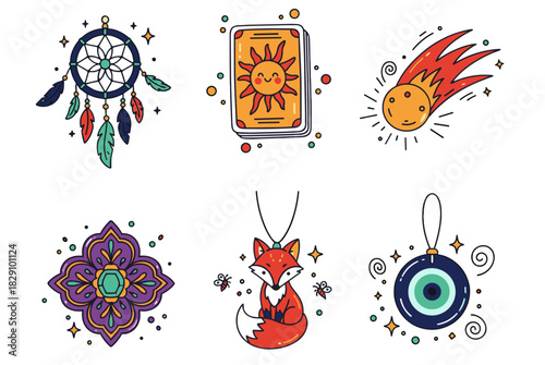 Six cute pastel lucky-charm sticker icons PNG isolated dreamcatcher, smiling sun card, comet charm, quatrefoil tile, curled fox talisman, evil-eye bead with playful doodle accents.