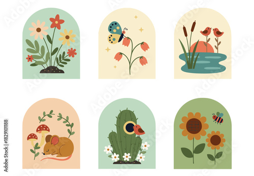Six pastel nature stickers PNG isolated wildflower bouquet, butterfly on buds, marsh with songbirds, napping field mouse by mushrooms, succulent with robin, sunflower patch with beetle.