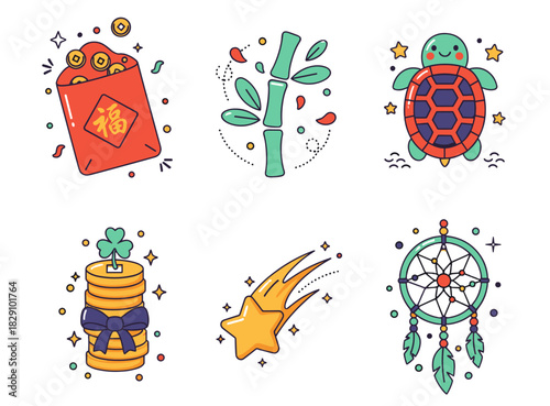 Whimsical Lucky Icon Set – Flat Pastel Vector of Hongbao, Bamboo, Tortoise Charm, Gold Coins, Shooting Star, and Dreamcatcher with Playful Doodles on a Clean White Background