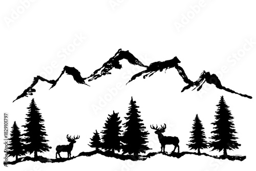 もみの木とトナカイのシルエット｜冬の森の背景イラスト素材