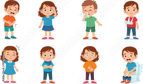 Set of Sick and Unwell Children Cartoon: Suffering from Fever, Headache, Stomach Ache, Cold, Injury, and Other Illness Symptoms Vector