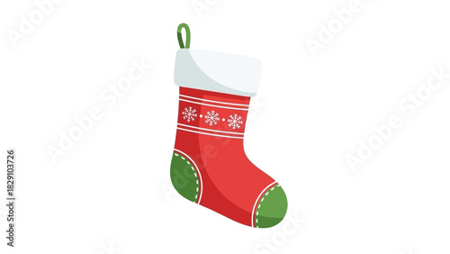 A festive red Christmas stocking with green accents and snowflake patterns.